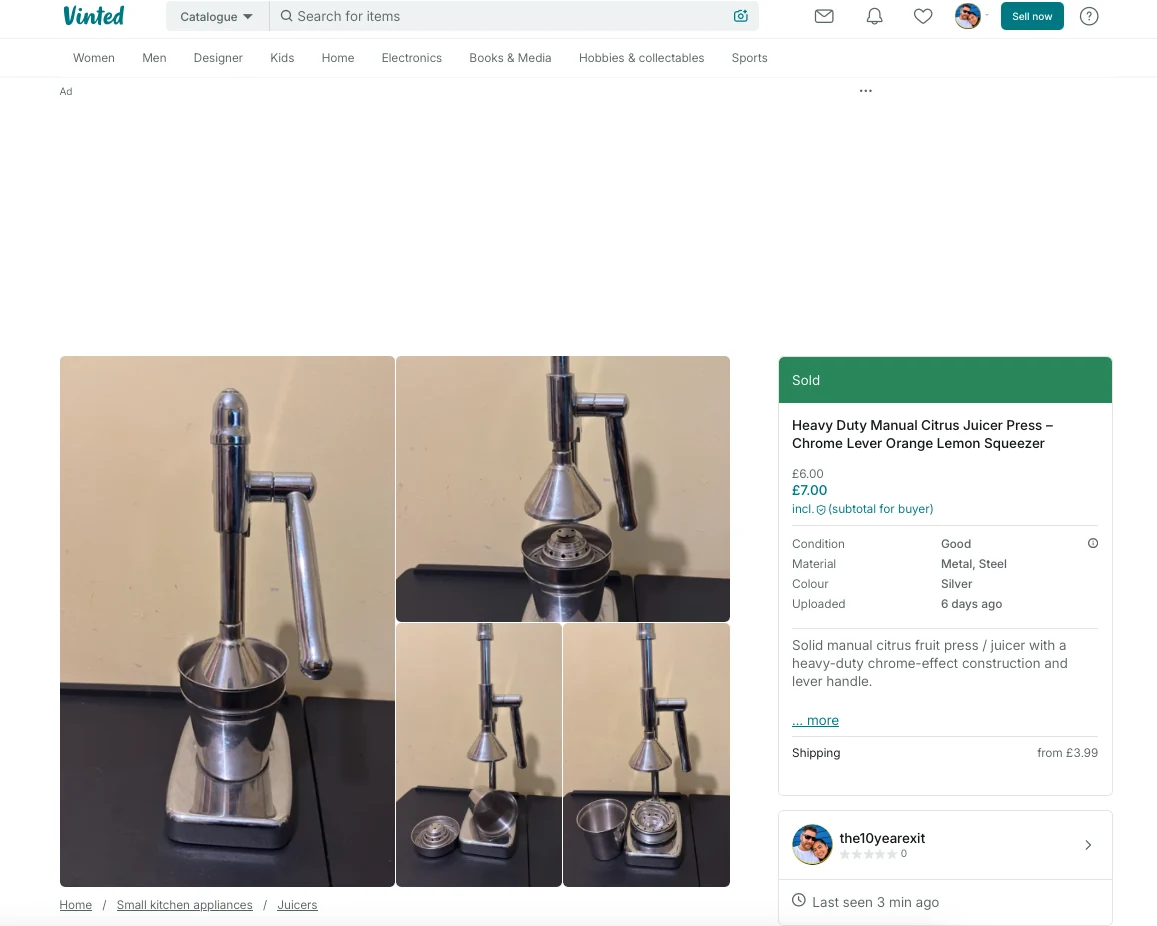 Vinted listing marked Sold for the Heavy Duty Manual Citrus Juicer Press, priced at £6